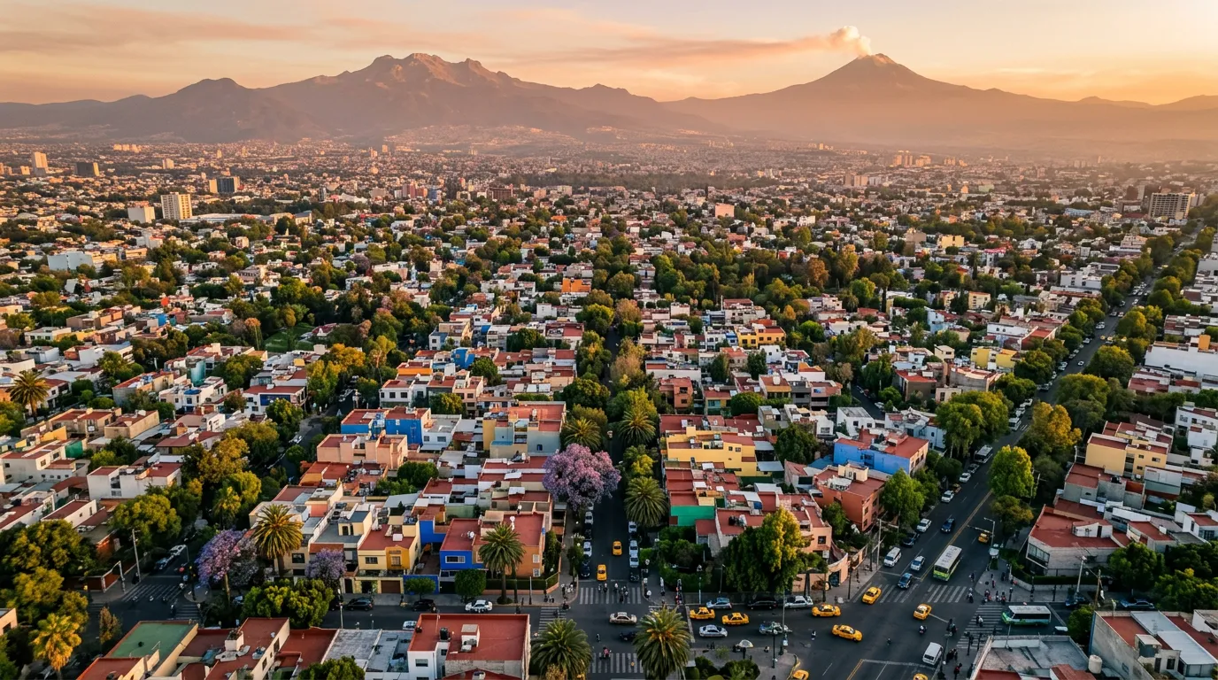 Vista aérea de la Ciudad de México al atardecer