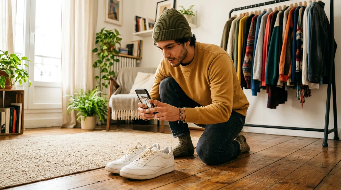 Chico tomando foto a unos tenis para publicarlos