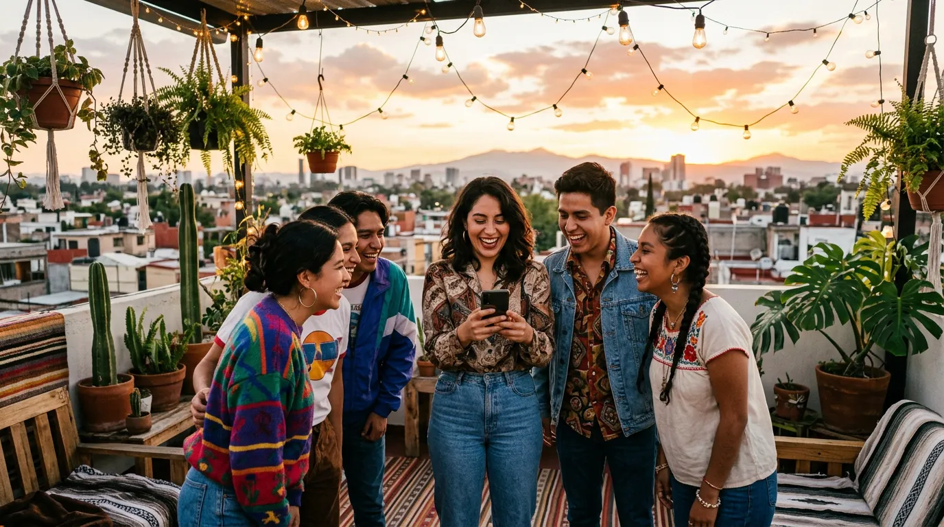 Grupo de amigos con ropa vintage en una terraza al atardecer